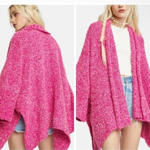 Free People Pink Prickly Pear Boho Oversized BFF Open Cardigan Large - Picture 1 of 14